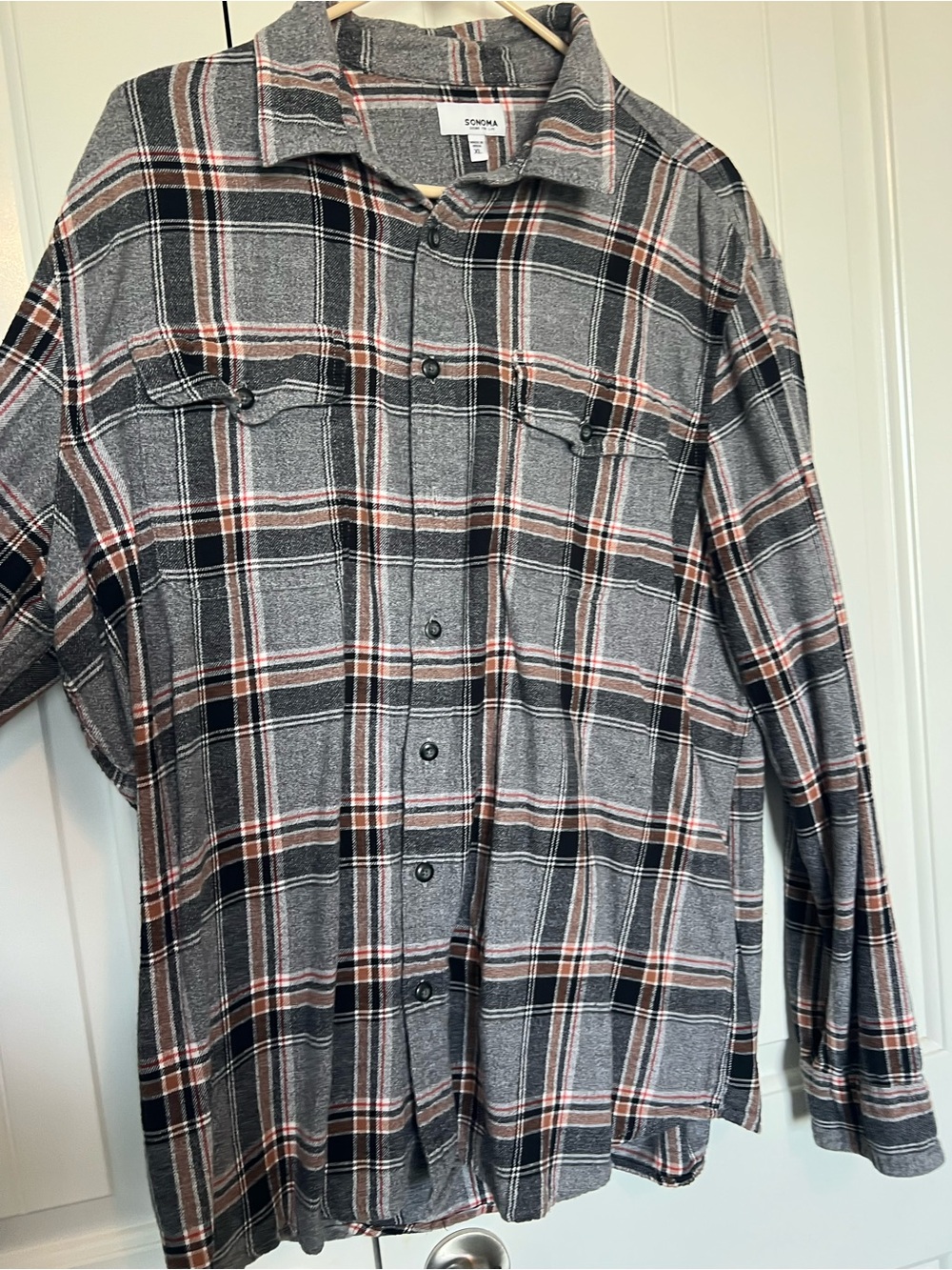 Sonoma Gray and Black Plaid Button-Down Shirt with Tan Accents